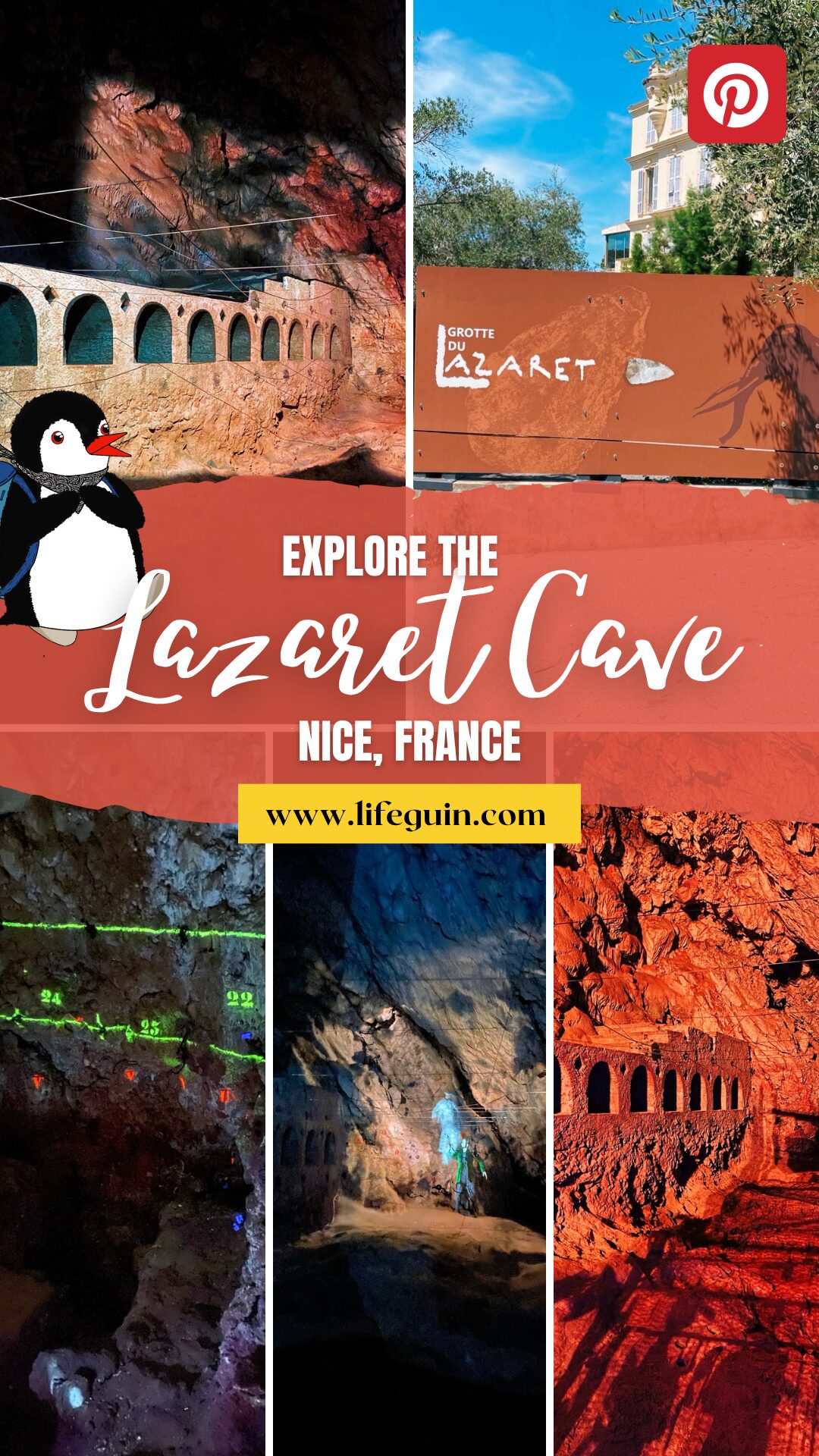 Pinterest pin promoting Lazaret Cave in Nice France with cartoon penguin Miško