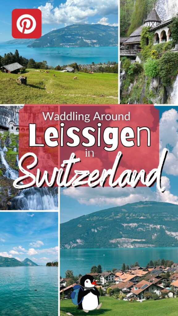 Pinterest graphic promoting travel to Leissigen in Switzerland featuring a cartoon of Miško the penguin