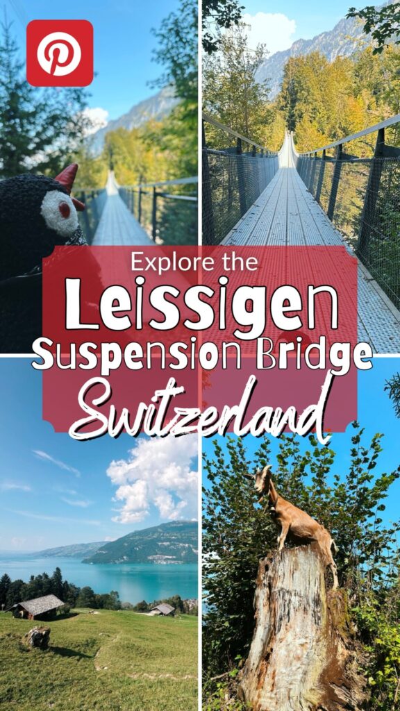 A collage showing the Leissigen suspension bridge, mountain scenery, and a goat on a stump