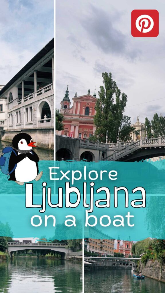 Collage of scenic river views and historic architecture in Ljubljana with a cartoon penguin