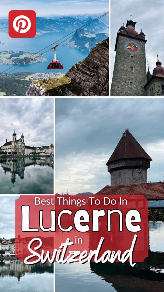 Collage of Lucerne landmarks including the Chapel Bridge, Jesuit Church, and mountain cable car