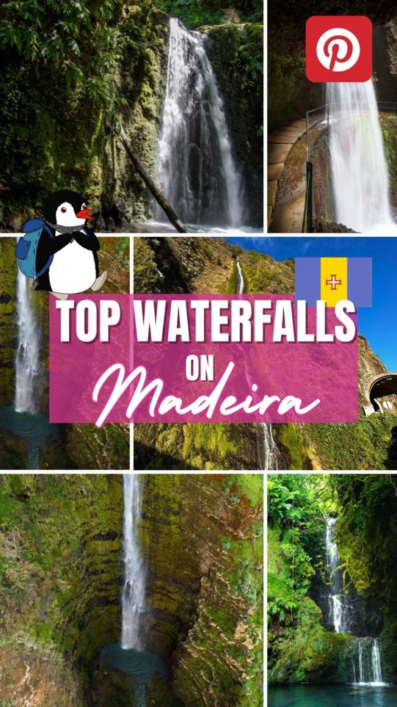Madeira waterfalls collage featuring the mascot penguin Miško and text promoting Madeira waterfalls