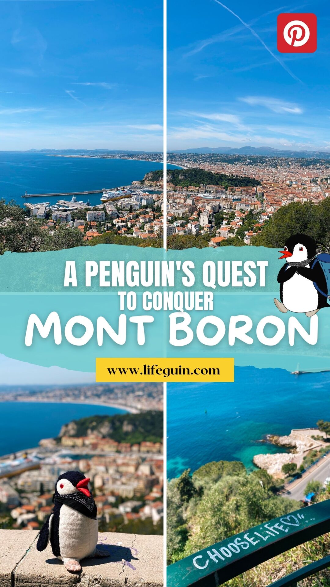Pinterest graphic featuring plush and cartoon Miško promoting a quest to conquer Mont Boron