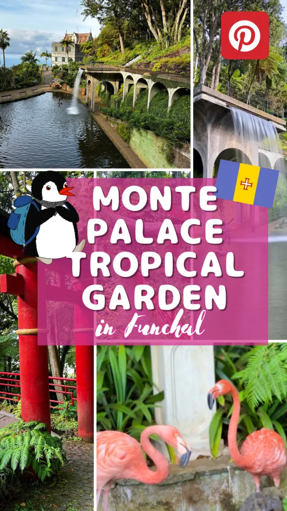 Lush gardens with a waterfall, red Japanese gates, and flamingos at Monte Palace Tropical Garden