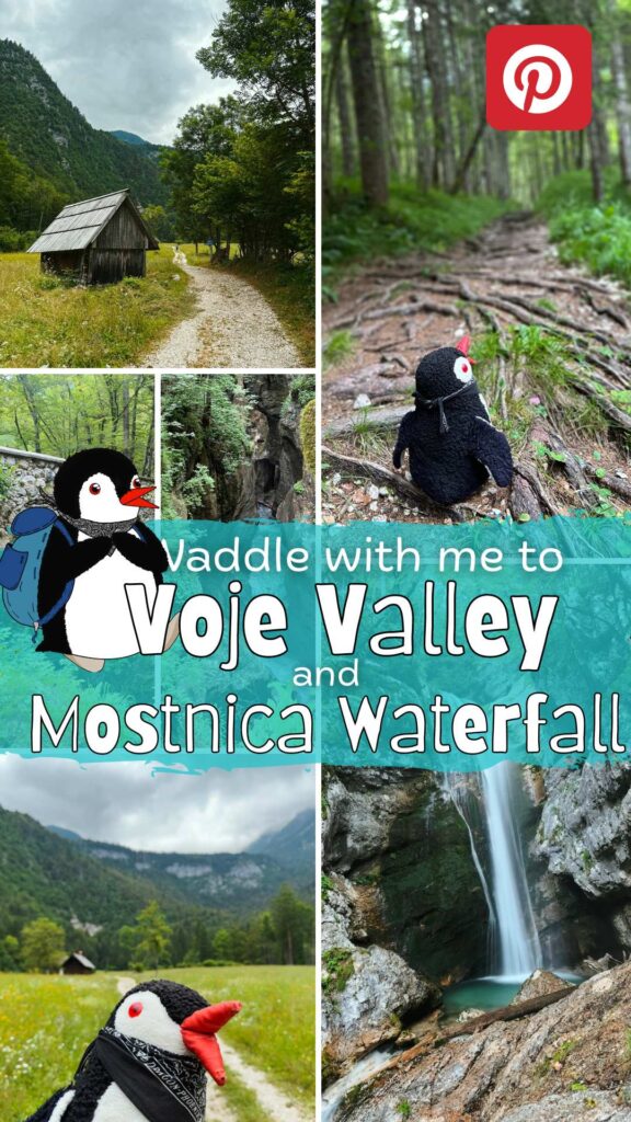 A plush penguin explores the scenic Voje Valley and Mostnica Waterfall in Slovenia