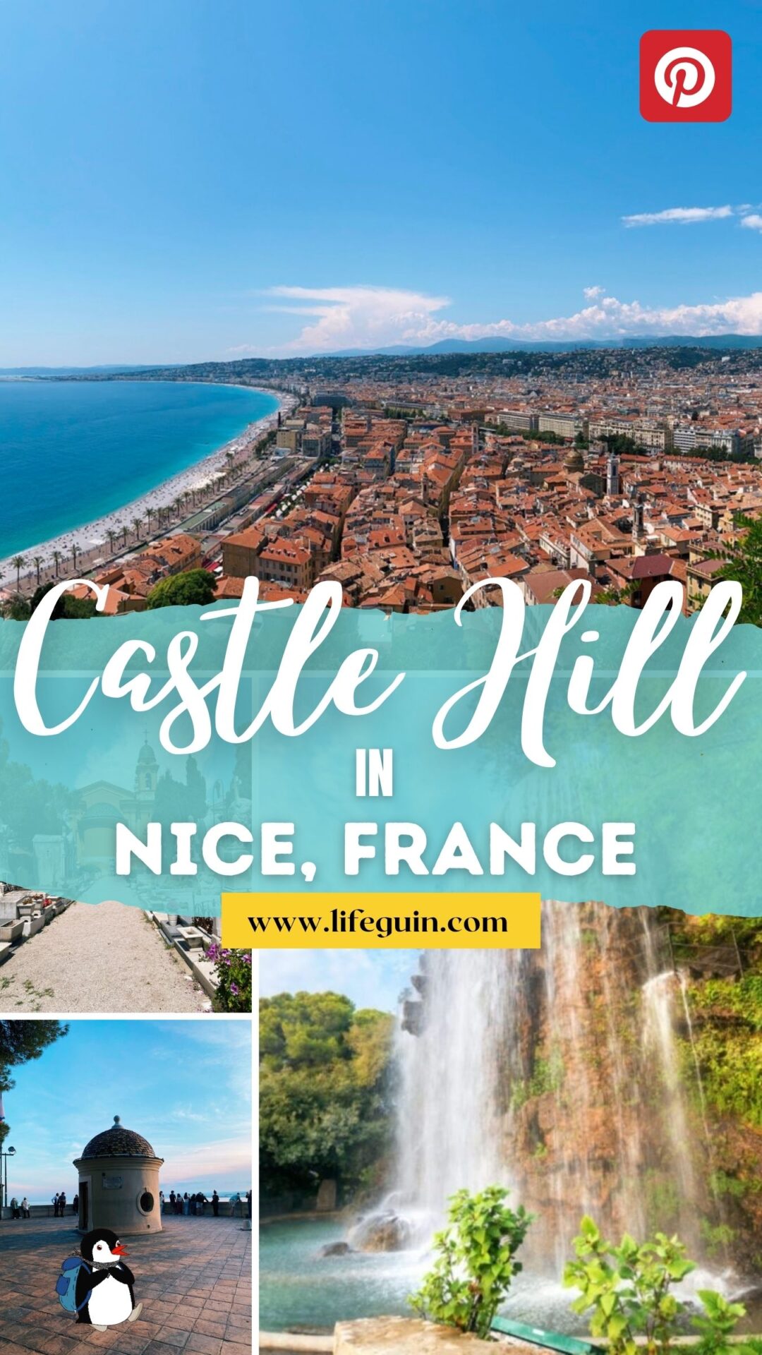 Collage of Castle Hill in Nice featuring a coastal city view and waterfall