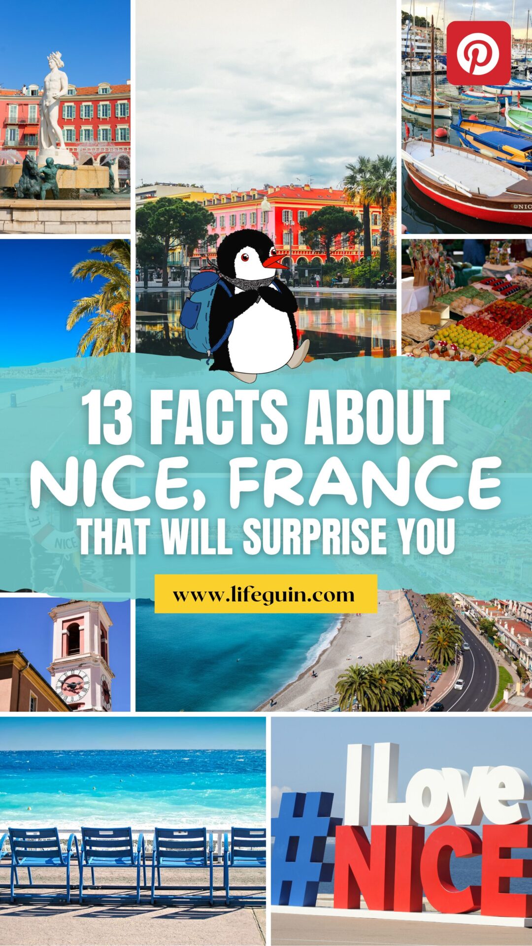 Cartoon penguin Miško on a collage of scenic landmarks and beaches in Nice, France