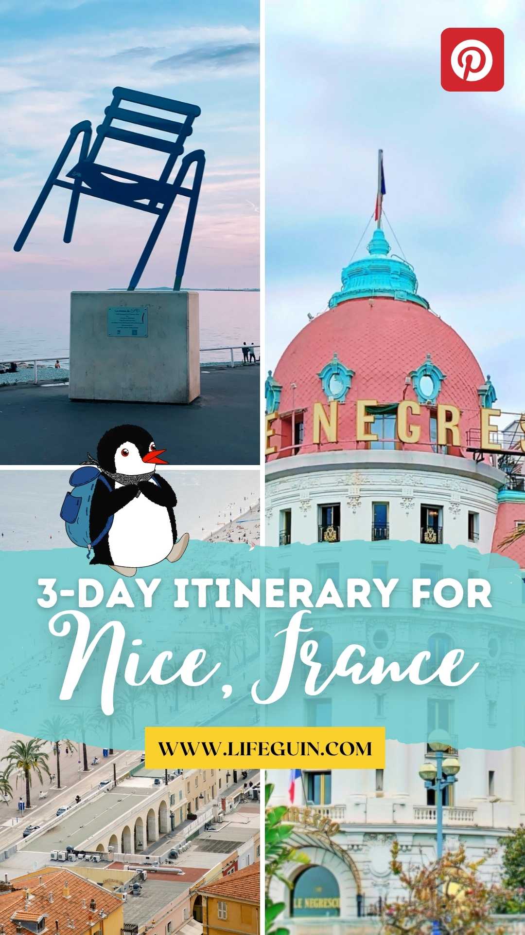 Pinterest graphic for a Nice, France itinerary featuring landmarks and the penguin mascot Miško