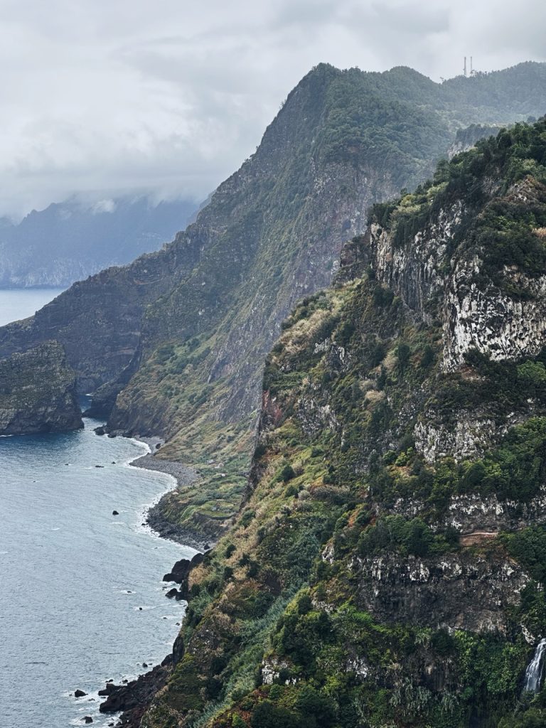 Steep green cliffs drop into the ocean along the coast of Madeira