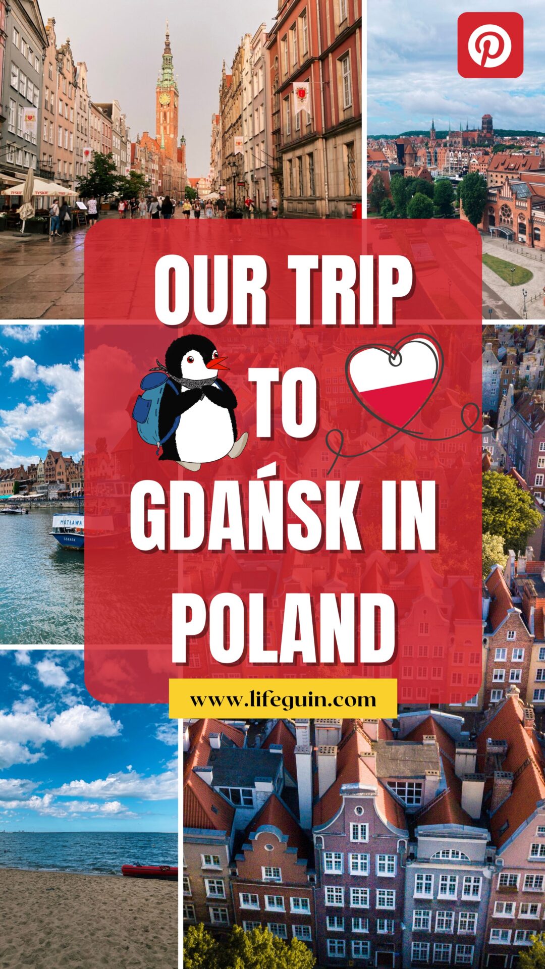 Collage of historic streets, waterfront views, and coastal scenery in Gdańsk, Poland