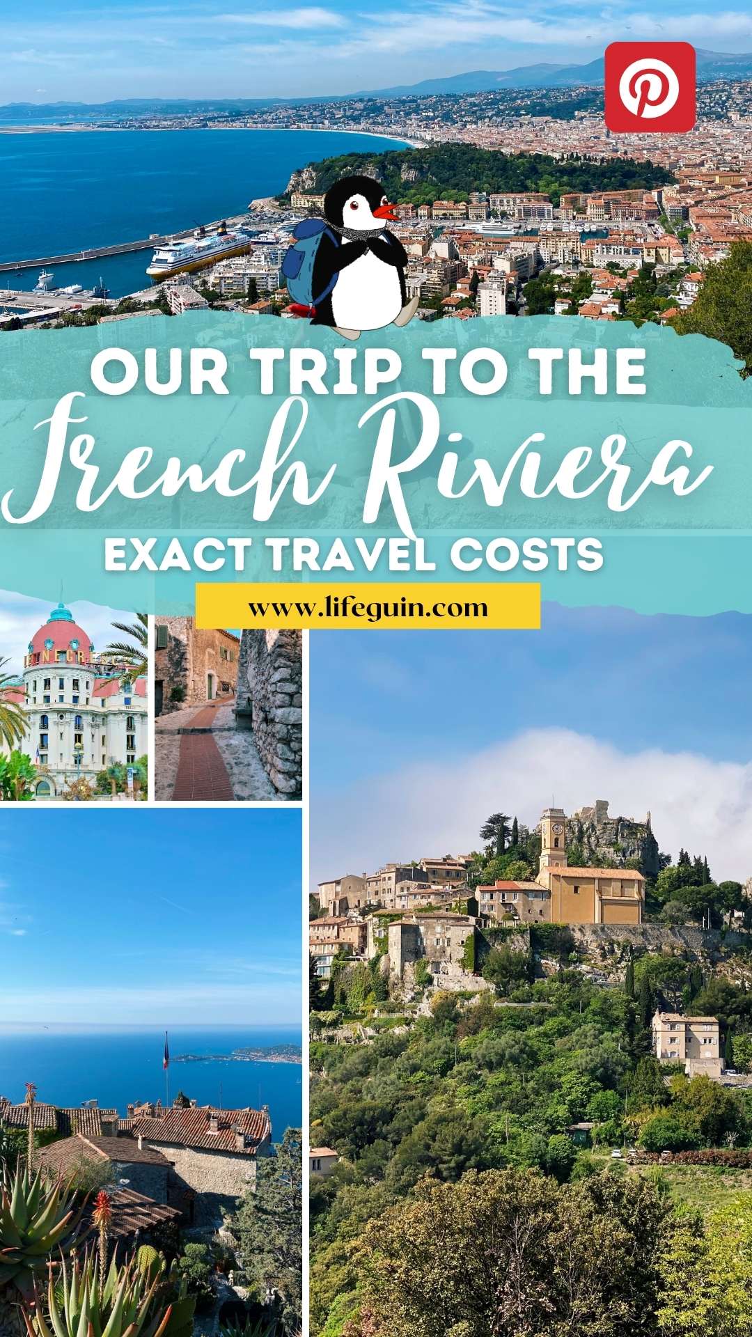 Pinterest graphic for French Riviera travel costs featuring mascot Miško and scenic coastal views