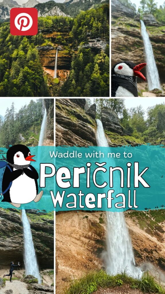 Collage of Peričnik Waterfall featuring a cartoon penguin and scenic mountain views