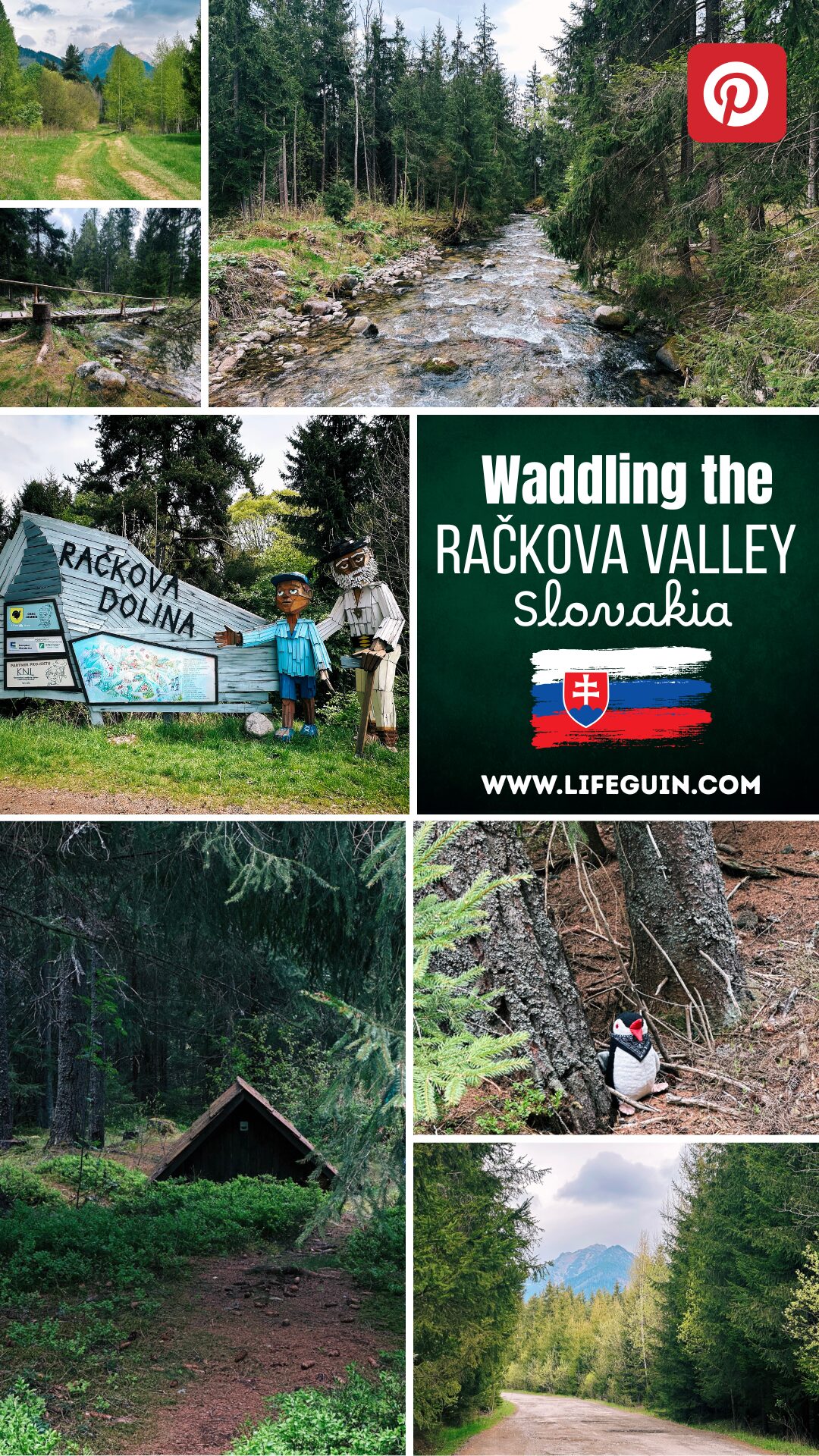 Collage of scenes from Račkova Valley featuring forests, a stream, and wooden figures