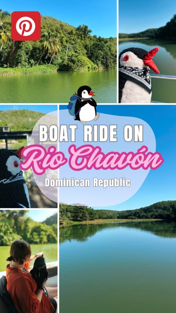 A plush penguin enjoys a scenic boat ride along the lush Rio Chavón river
