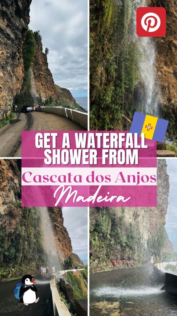 People stand under a waterfall cascading onto a coastal road in Madeira