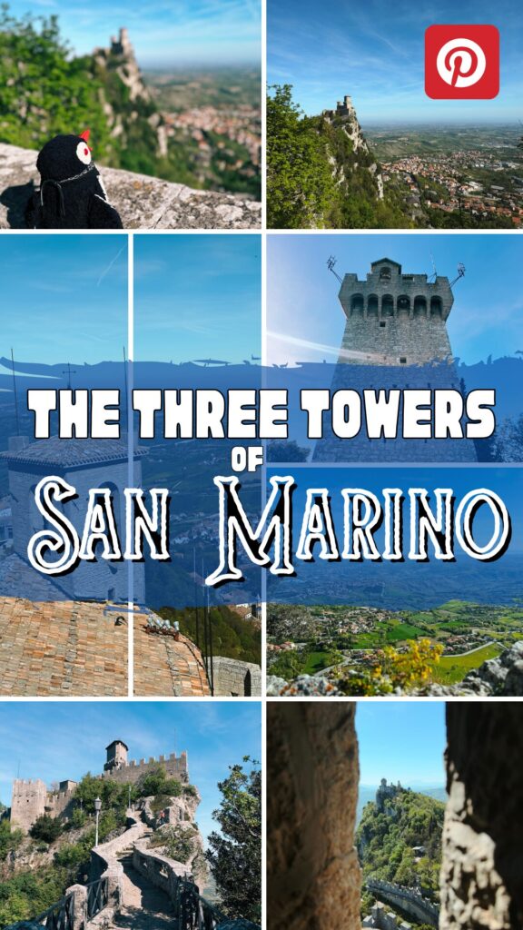 Plush penguin Miško looking at the historic stone towers of San Marino in a collage