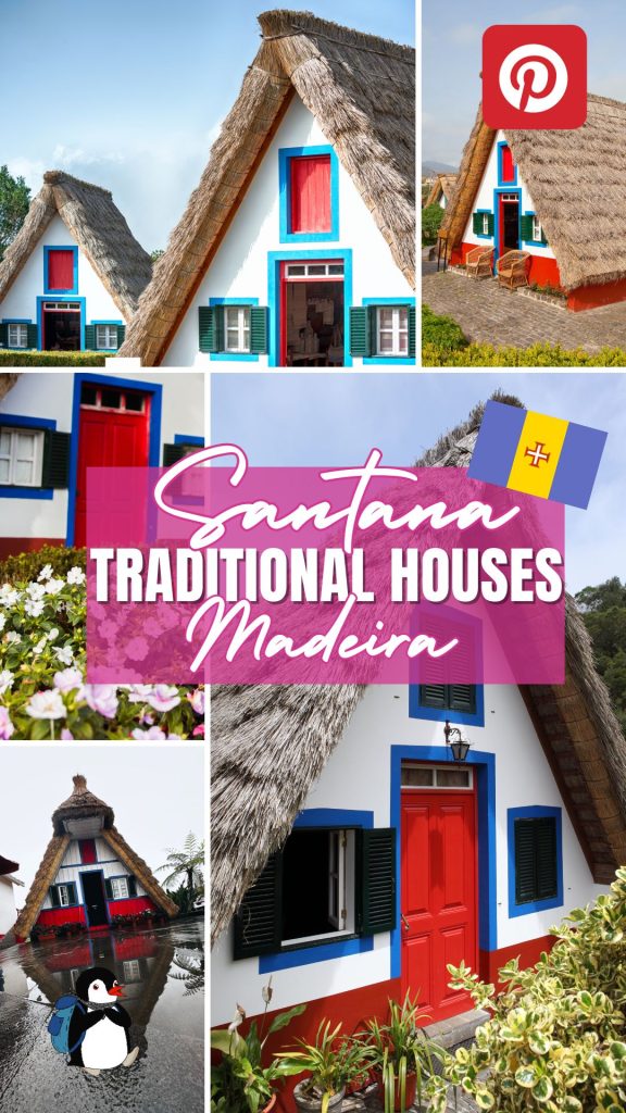 Pinterest graphic for Santana Madeira houses featuring text overlay and cartoon penguin Miško