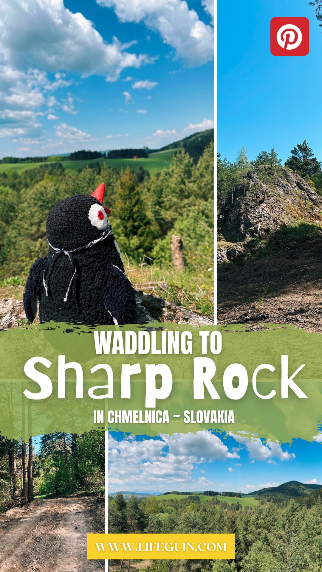 Miško the penguin plush toy overlooking a green landscape near Sharp Rock in Slovakia