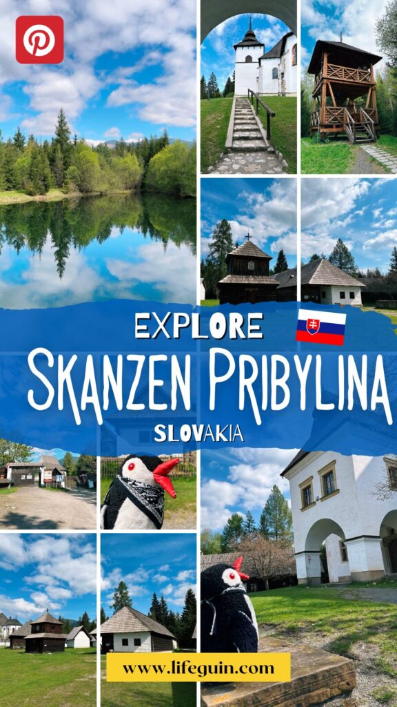Collage of Skanzen Pribylina featuring historic wooden buildings and a plush penguin toy