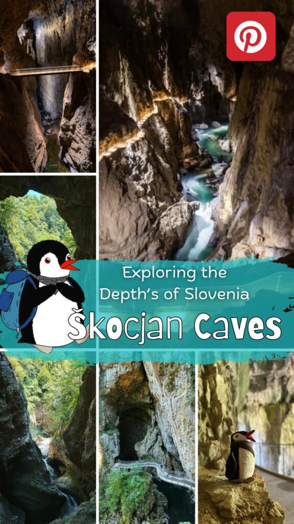 Collage of Škocjan Caves featuring a cartoon penguin and scenic underground river views
