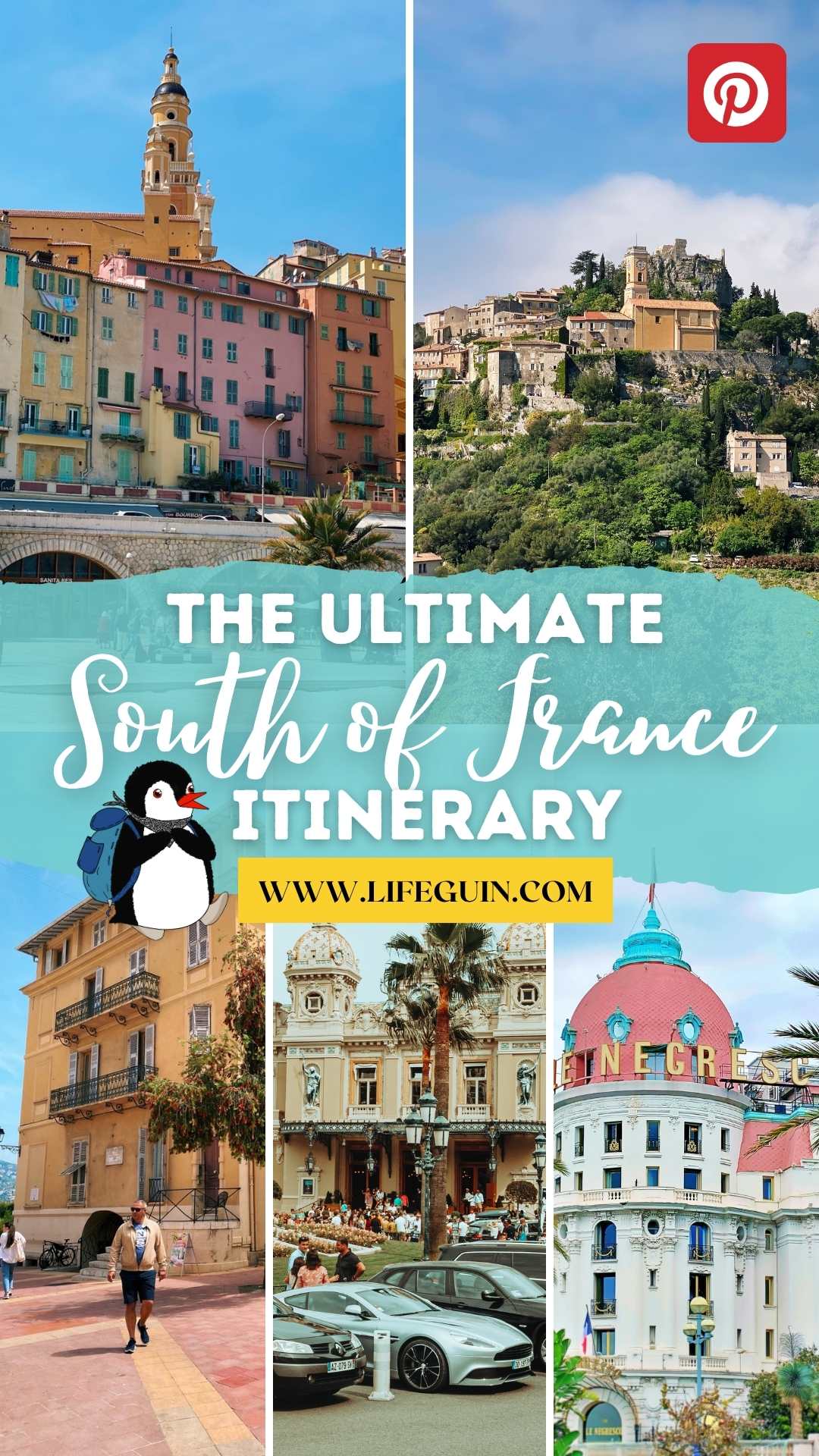 Collage of colorful buildings, historic hilltop towns, and elegant architecture in South of France