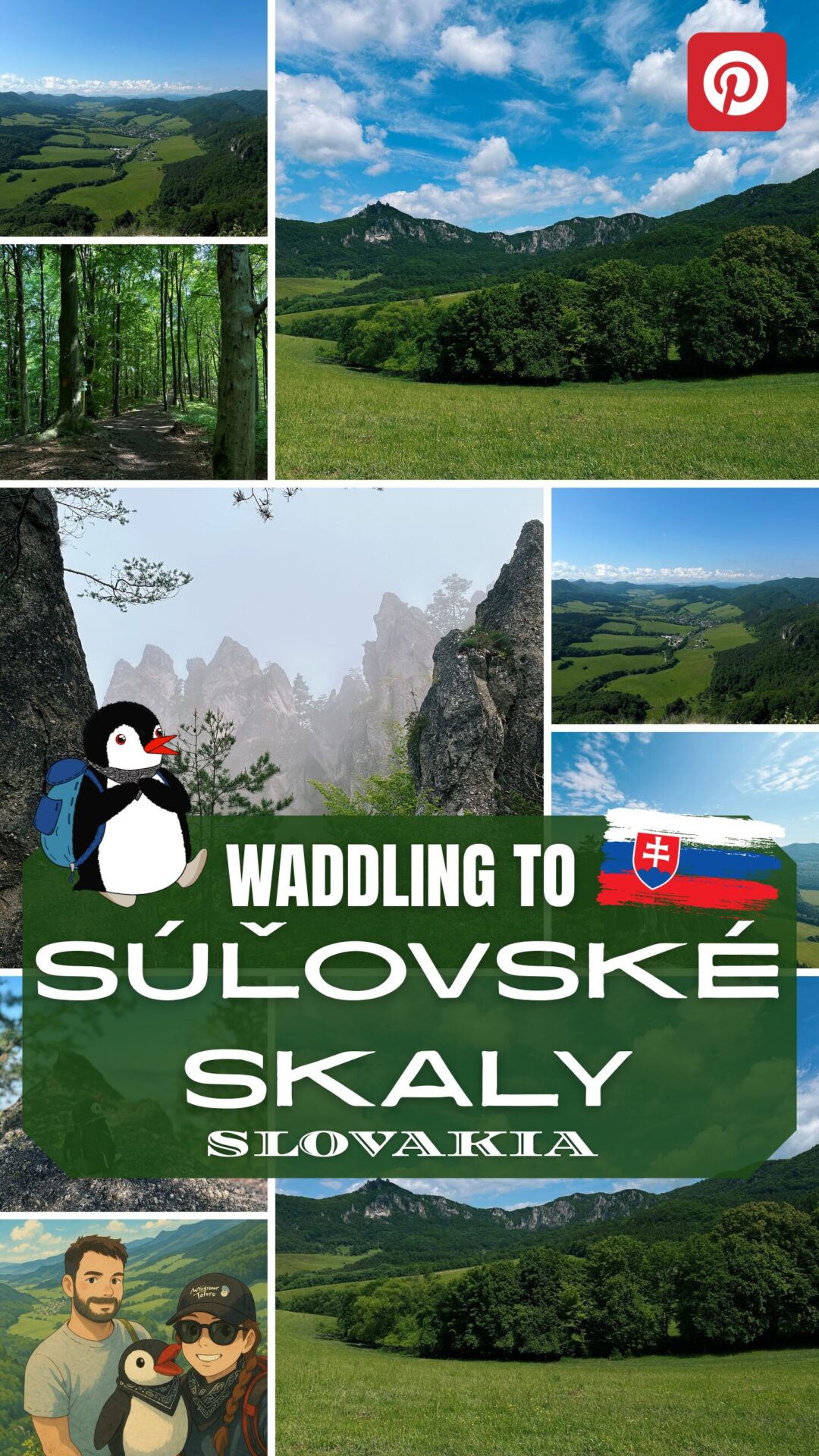 Pinterest graphic of Súľovské Skaly landscapes with cartoon illustrations of a couple and Miško