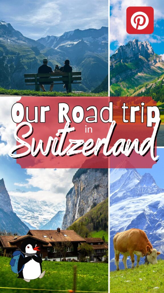 Collage of scenic Swiss Alps landscapes featuring mountains, a waterfall, and a grazing cow