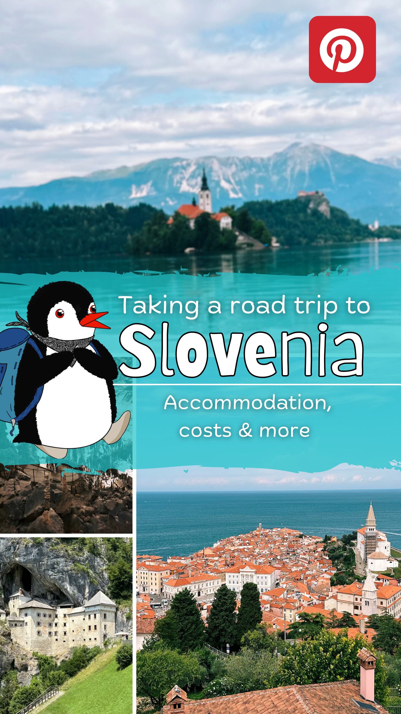 A cartoon penguin travels past Lake Bled, Predjama Castle, and the coastal town of Piran