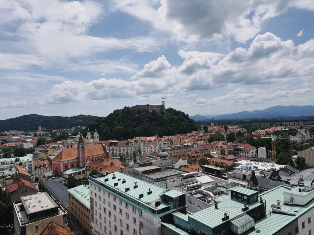 Ljubljana castle sits atop a hill overlooking the historic city center