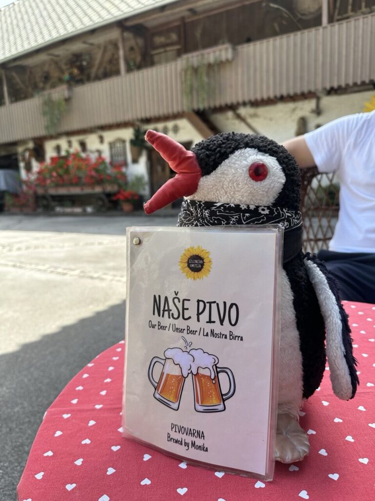 A plush penguin sits on a table holding a beer menu in Slovenia