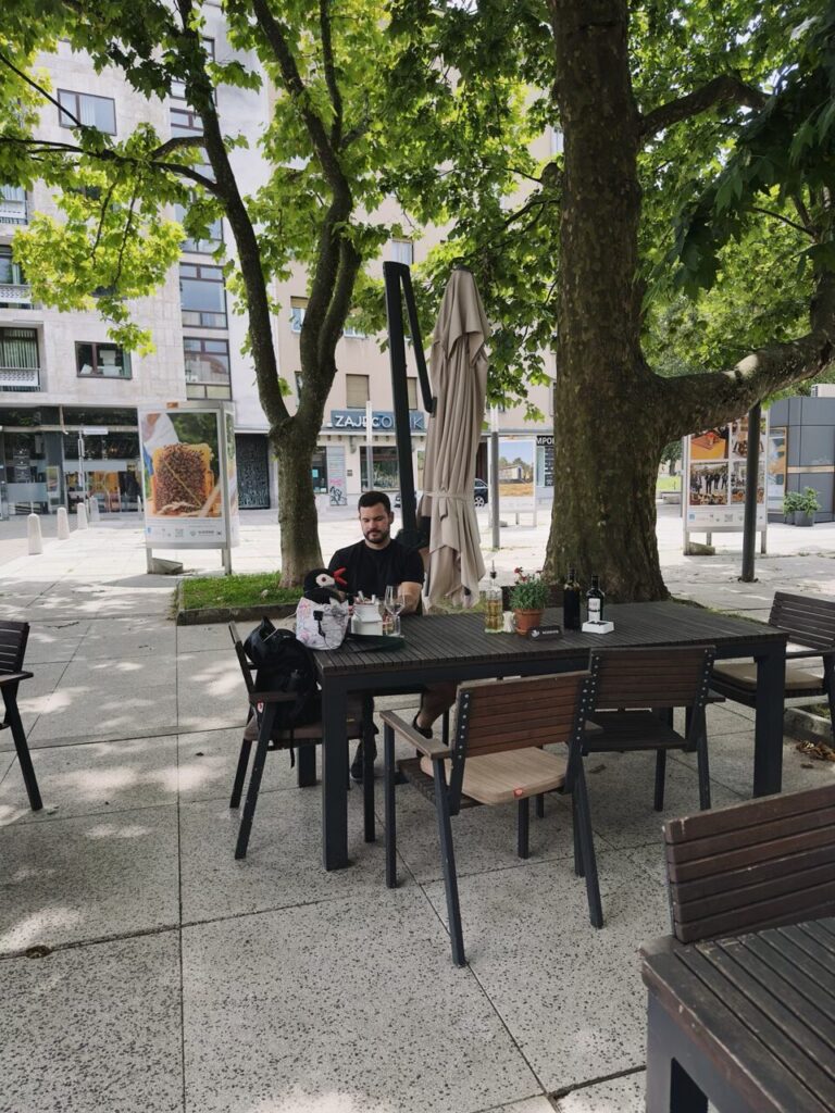 Man sits at an outdoor table in Slovenia under large leafy trees
