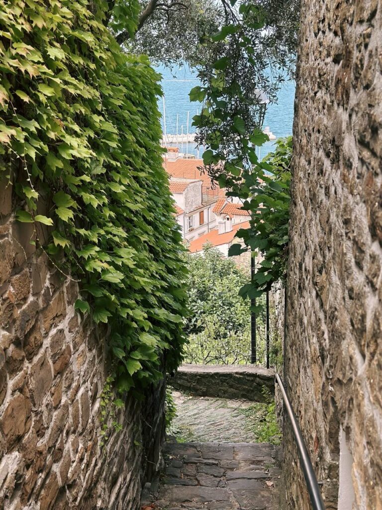 Stone stairs lead down through a narrow alleyway toward the sea in Piran