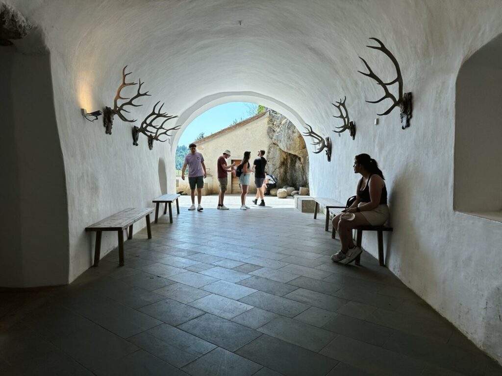 Visitors walk through a white arched hallway decorated with antlers at Predjama Castle