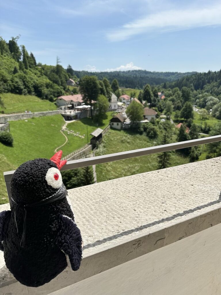 A plush penguin toy looks out from a balcony over Predjama Castle grounds