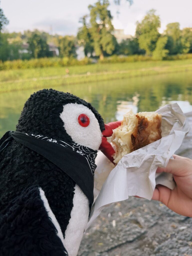 A plush penguin toy eats a pastry by a river in Slovenia