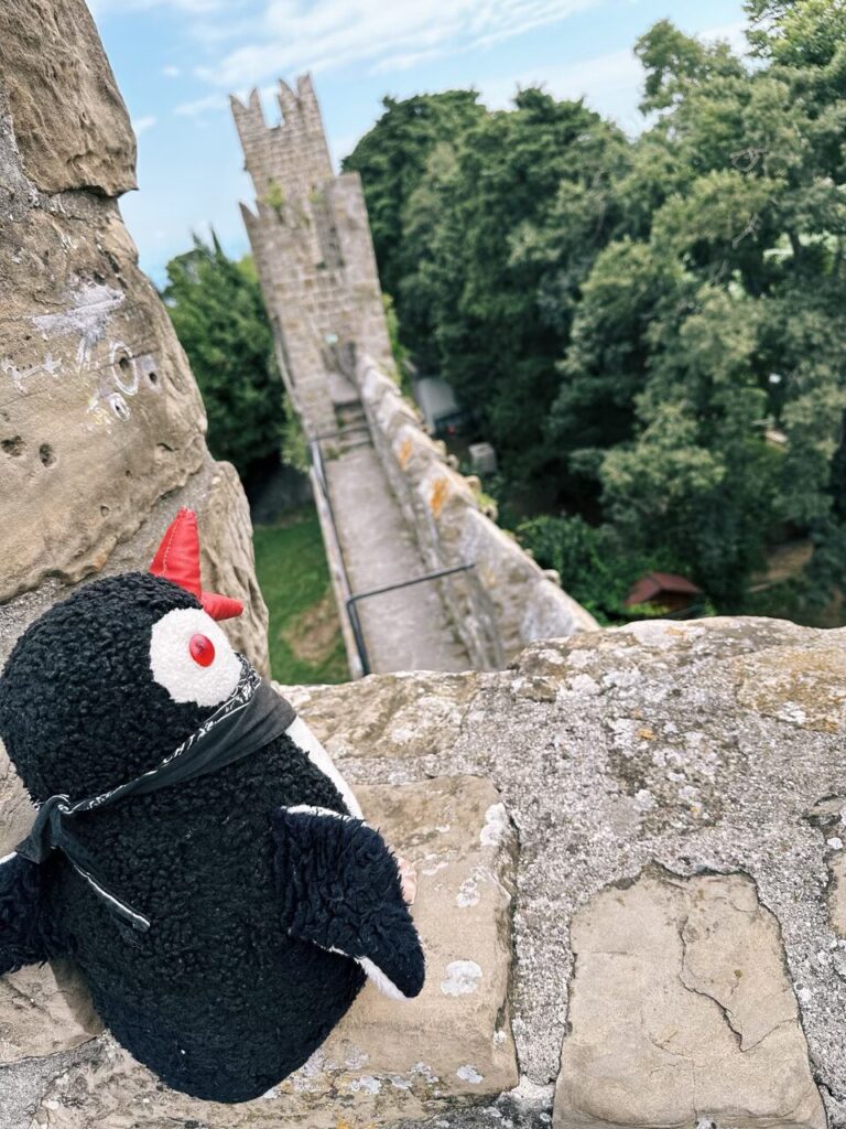 A plush penguin toy sits on the ancient stone walls of Piran