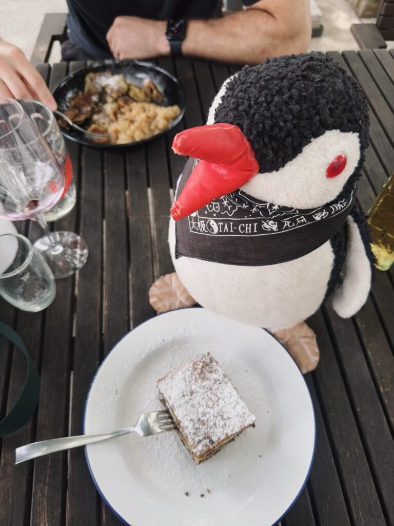 Stuffed penguin wearing a bandana sits at a table with cake and wine