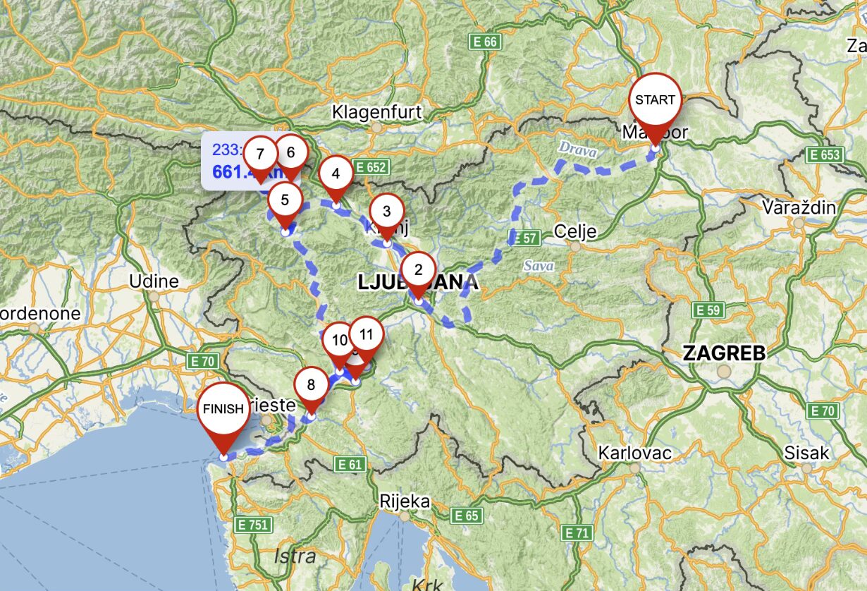 Road trip map of Slovenia showing a route with eleven numbered stops from start to finish