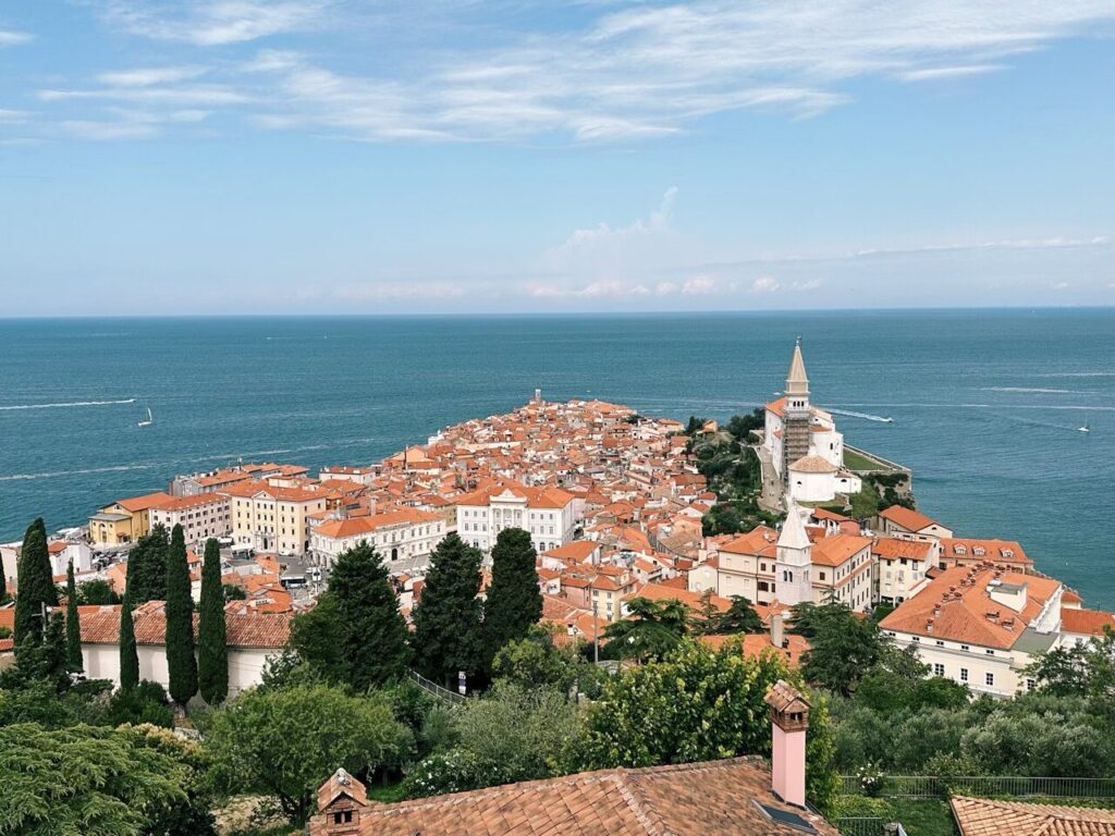 Panoramic view of the coastal town of Piran on a peninsula in Slovenia