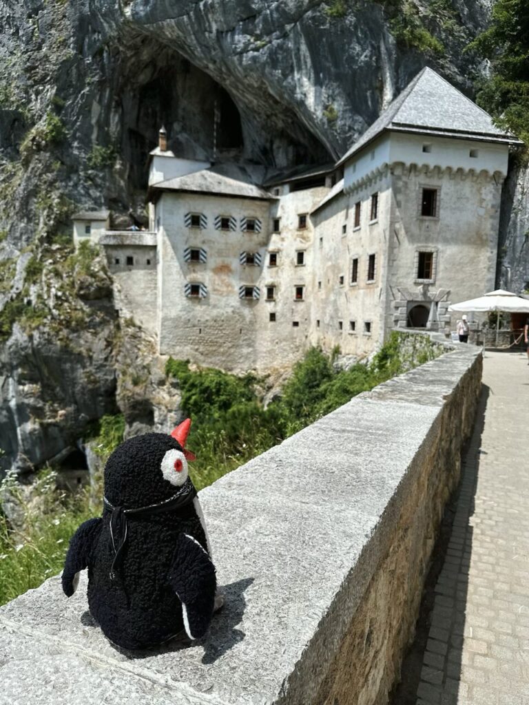 Plush penguin toy Miško sits on a stone wall looking at Predjama Castle