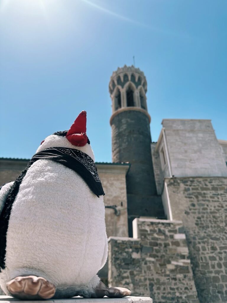 A plush penguin wearing a bandana looks up at the bell tower in Piran