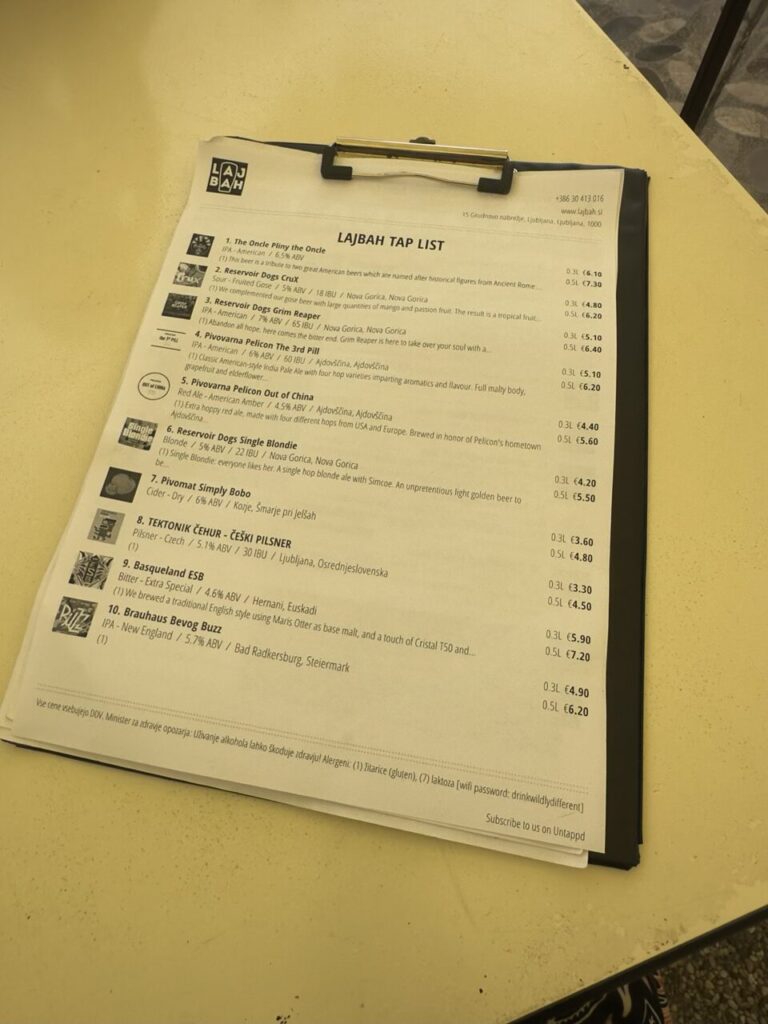 Printed beer menu on a clipboard at Lajbah restaurant in Ljubljana