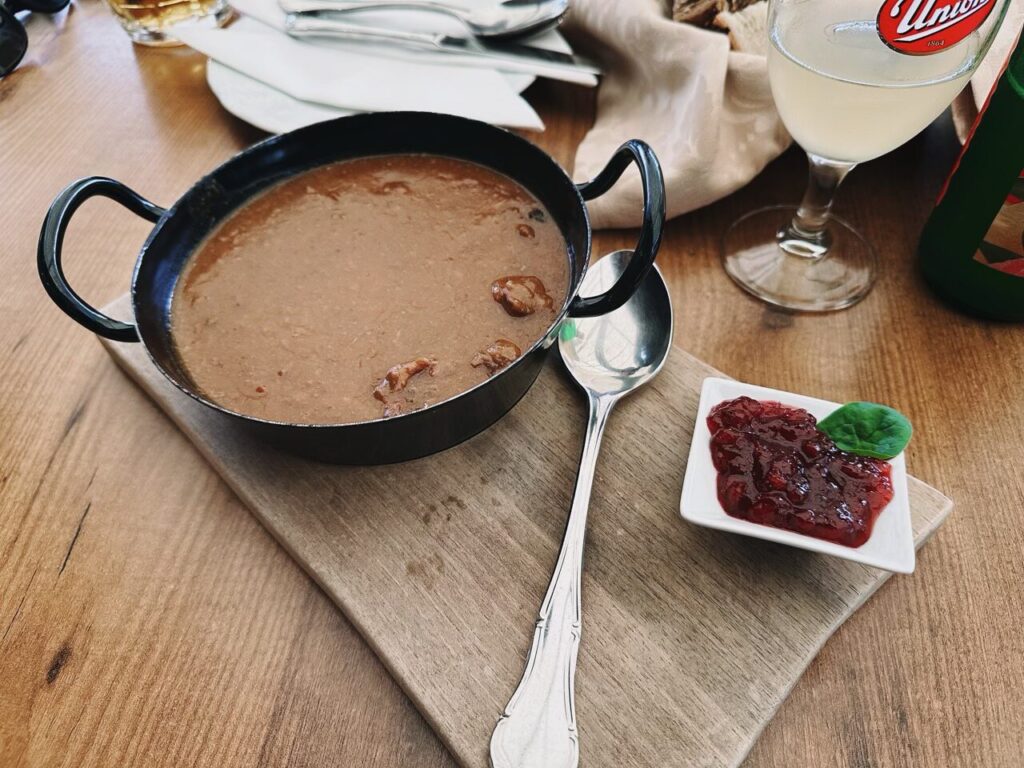 A bowl of stew served with a side of cranberry sauce in Slovenia