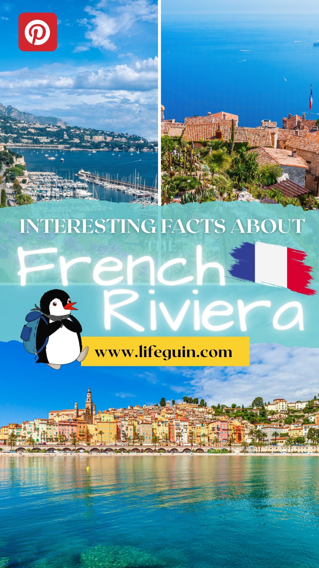 Pinterest graphic about French Riviera facts featuring the cartoon penguin Miško over coastal views