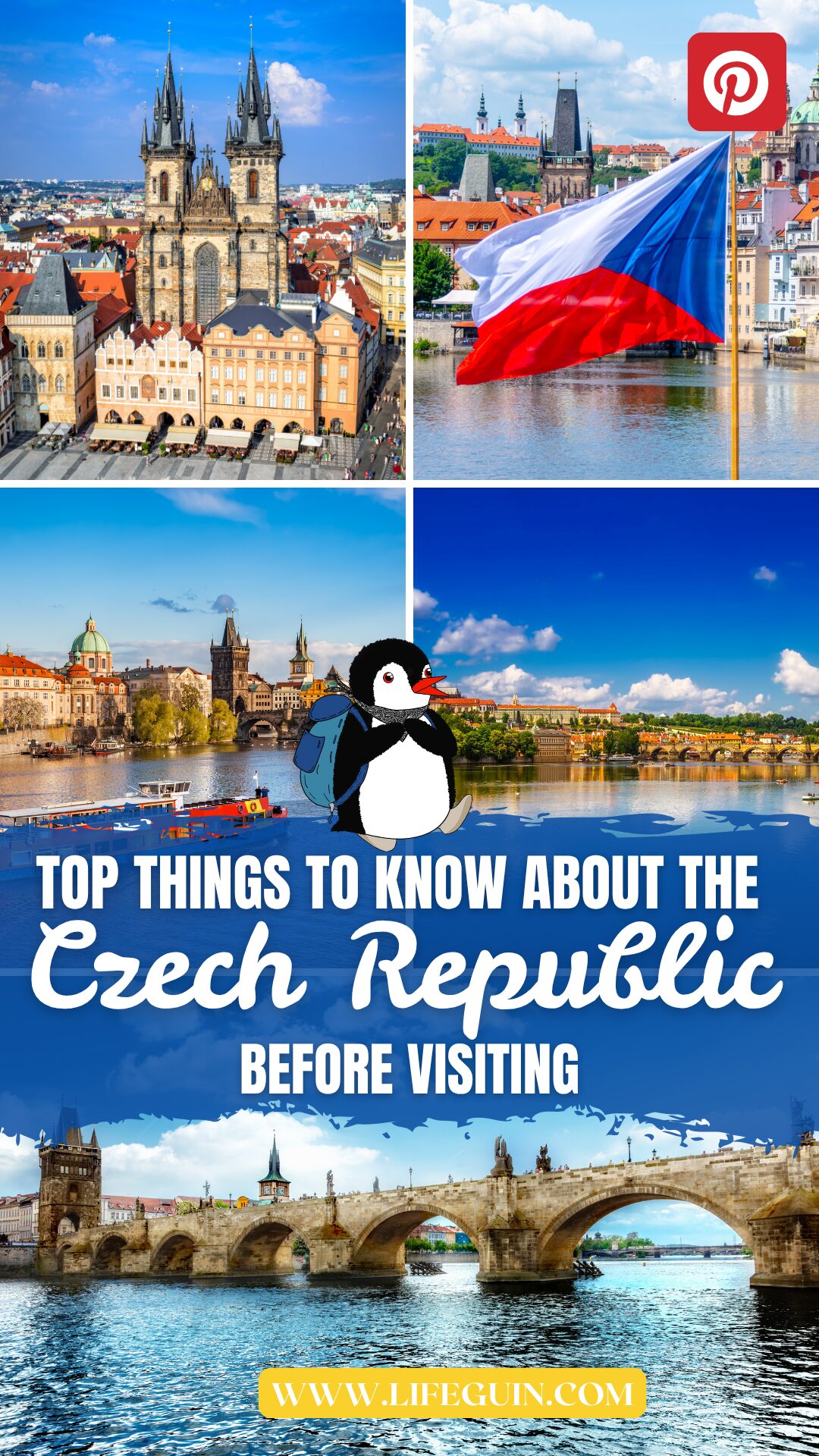Pinterest pin promoting Czech Republic travel tips featuring Prague landmarks and cartoon penguin Miško