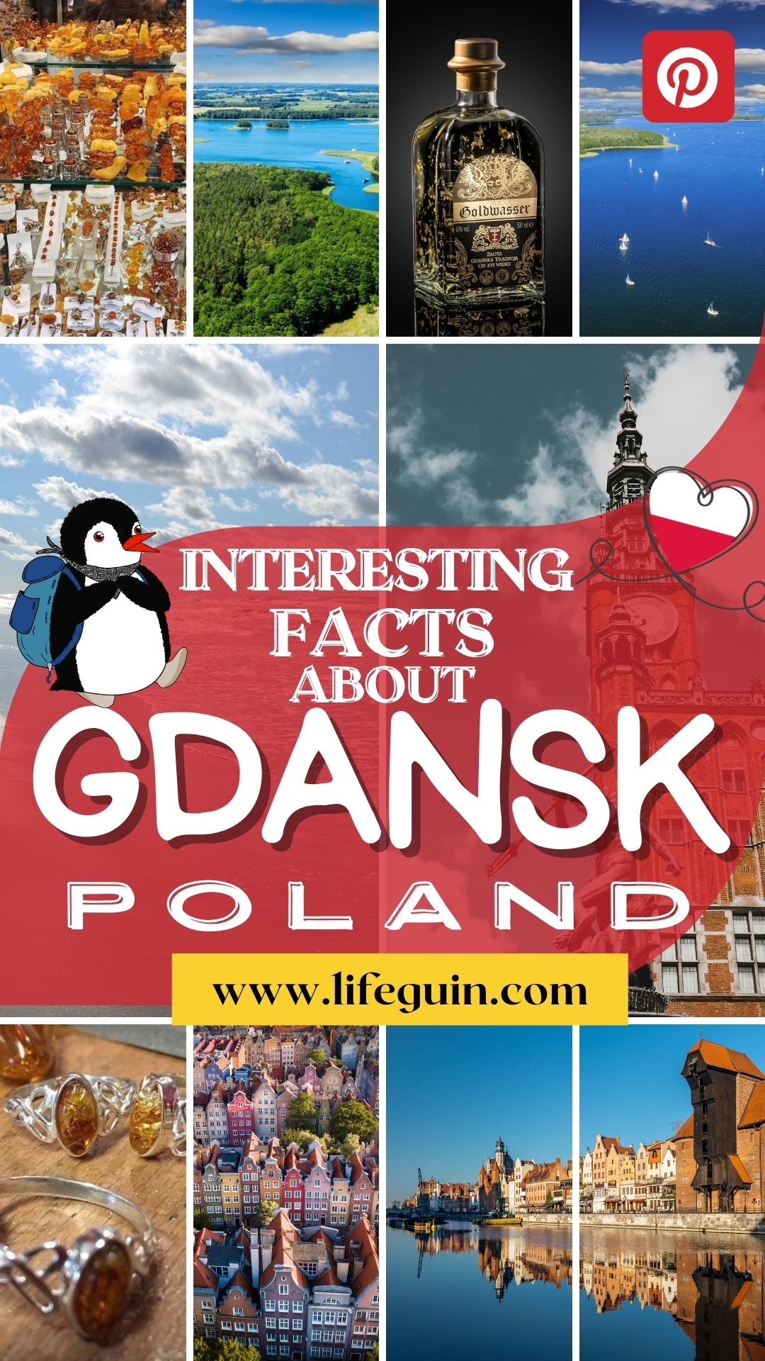 Pinterest pin graphic promoting Gdańsk facts featuring the mascot penguin Miško and collage images