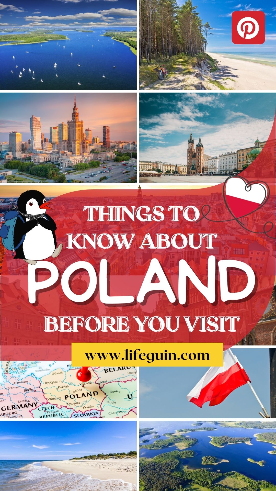 Collage of Polish landscapes, city skylines, and a map highlighting travel in Poland