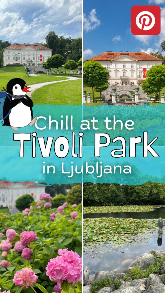 Tivoli Park in Ljubljana features a grand mansion, lush gardens, and a scenic pond