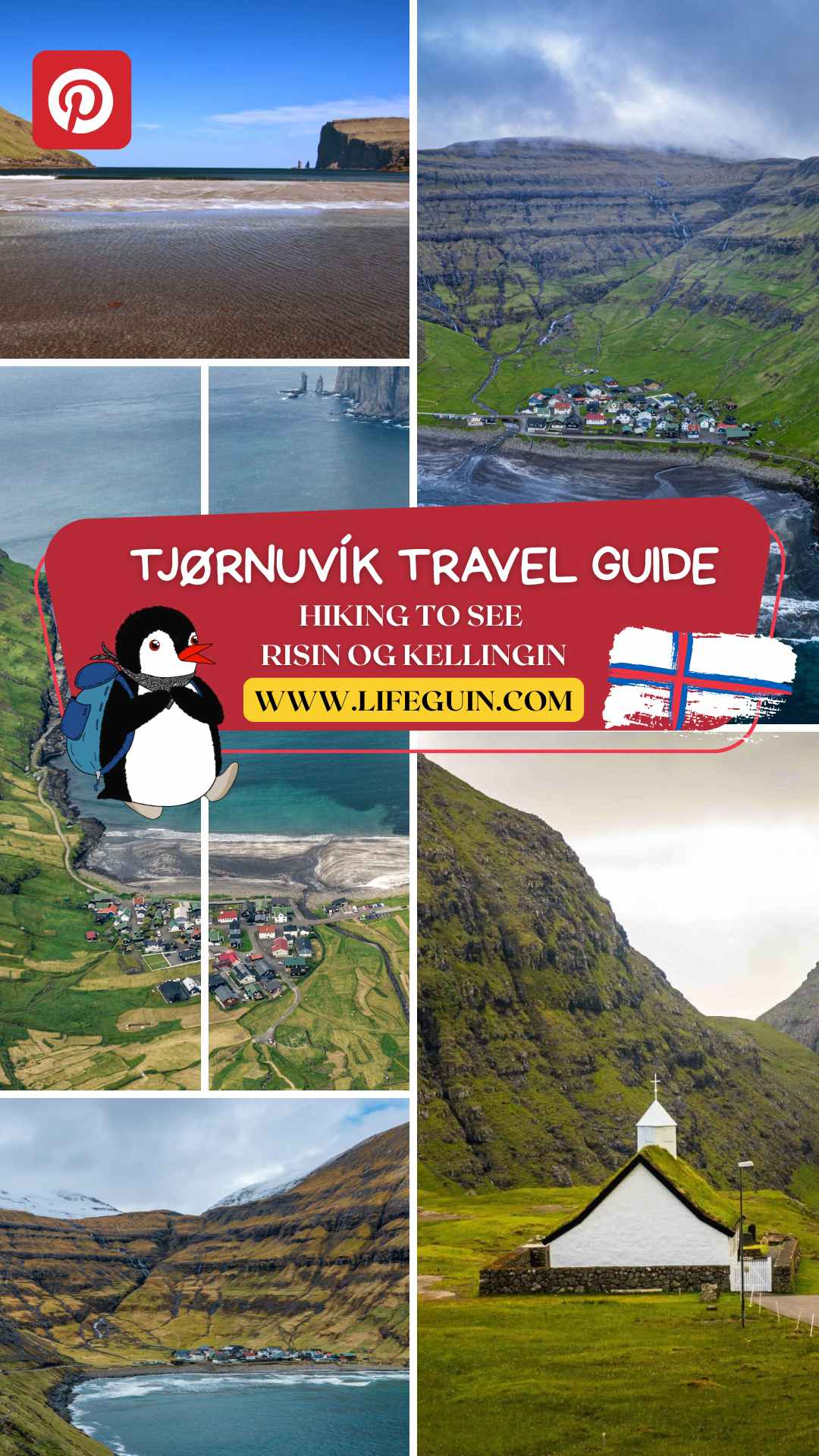 Collage of Tjørnuvík village, its grassy church, and the Risin og Kellingin sea stacks
