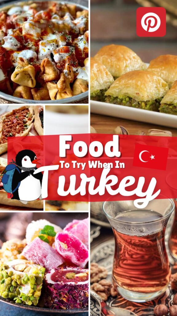 Pinterest graphic promoting Turkish food with Miško the penguin and various Turkish dishes